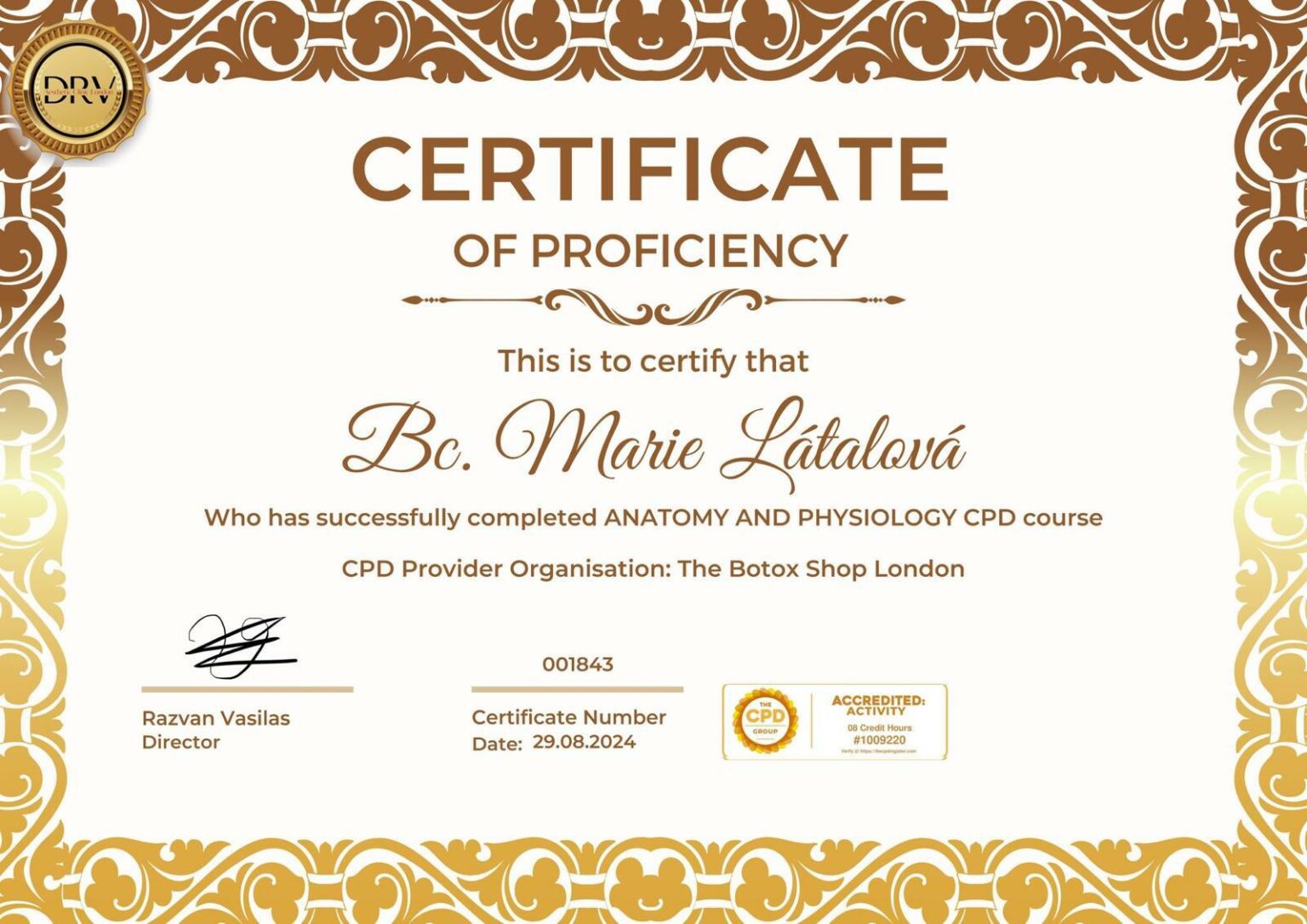 Certifikát — Anatomy & Physiology CPD