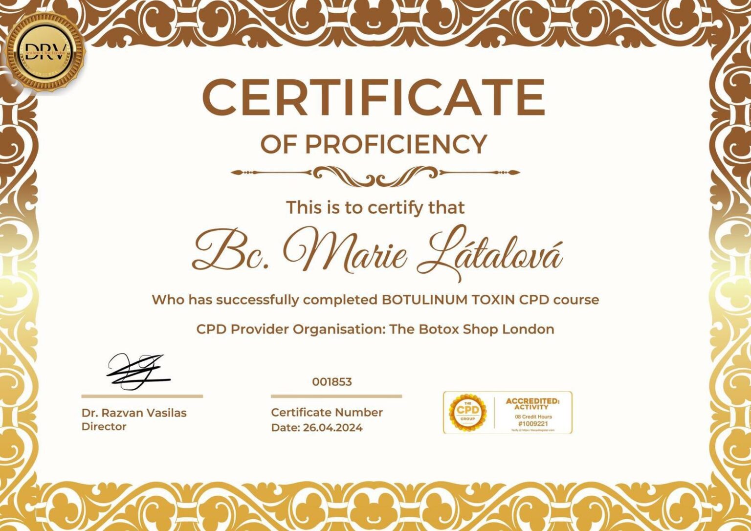Certifikát — Botulinum Toxin CPD