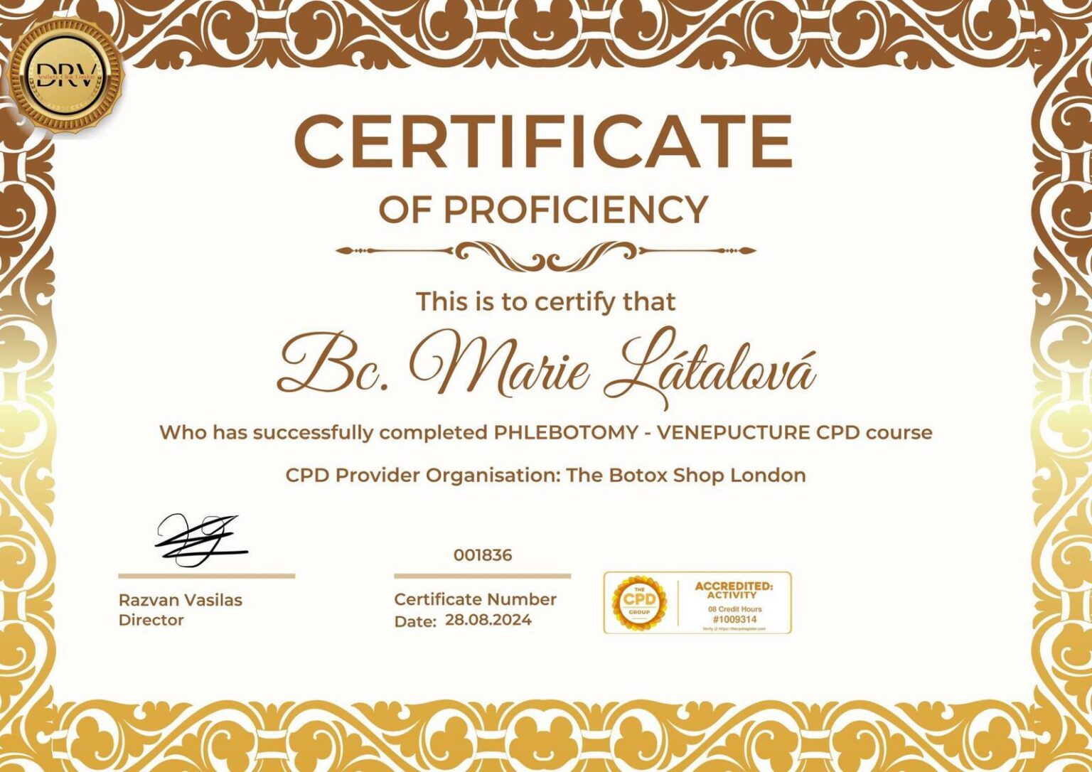 Certifikát — Phlebotomy & Venepuncture CPD