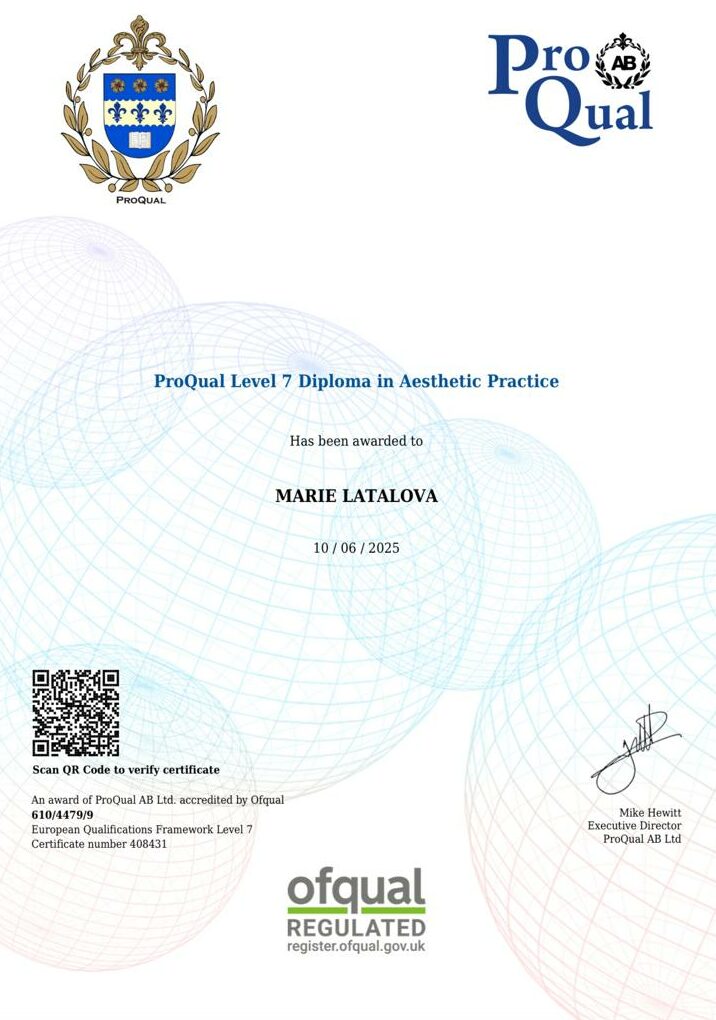 Certifikát — ProQual Level 7 Diploma in Aesthetic Practice